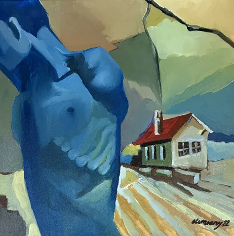 blue torso with head, oil on canvas, 40 × 40 cm, 2022 – Fawzy Elemrany
